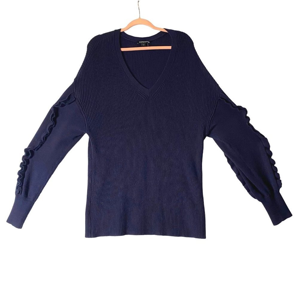 Express Ruffled Seam Pullover Sweater Women Large Navy Blue V-Neck Ribbed‎ Knit